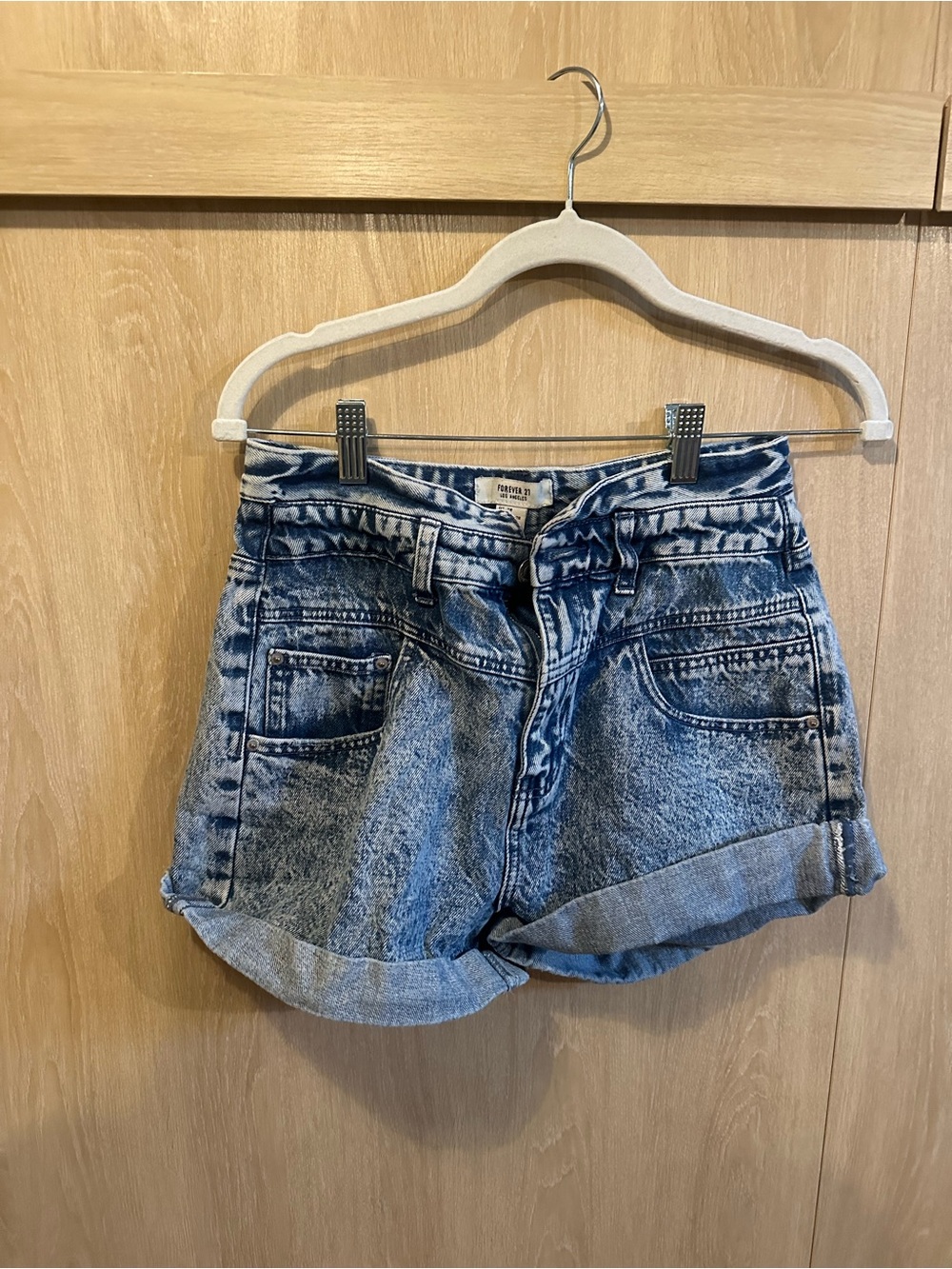 Forever 21 Acid Wash Denim Roll-Hem Shorts - Light and Dark Blue